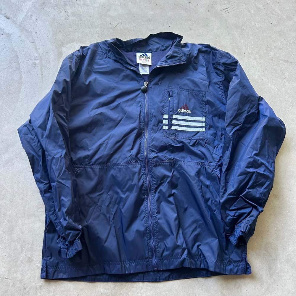 Vintage Adidas Navy Blue Full Zip Windbreaker Jacket Large 3-Stripe Logo